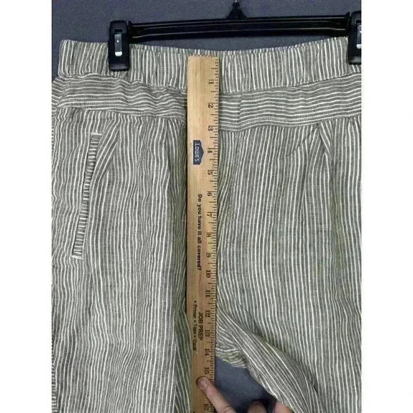 By Anthropologie Pants Womens Large Green Stripe 100% Linen Pull On Ankle Crop - Picture 8 of 10